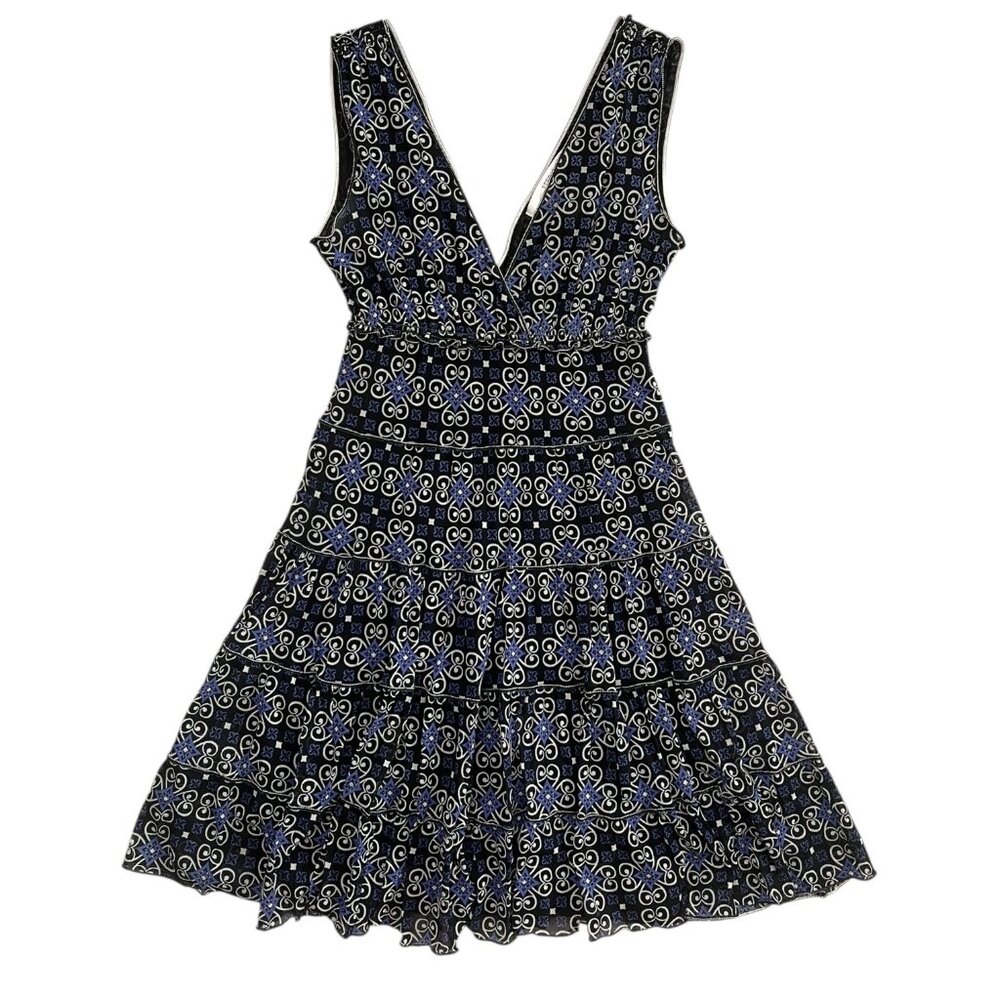 Vintage V Neck Tiered Mini Dress Size Small Blue Black Preppy Feminine Mod